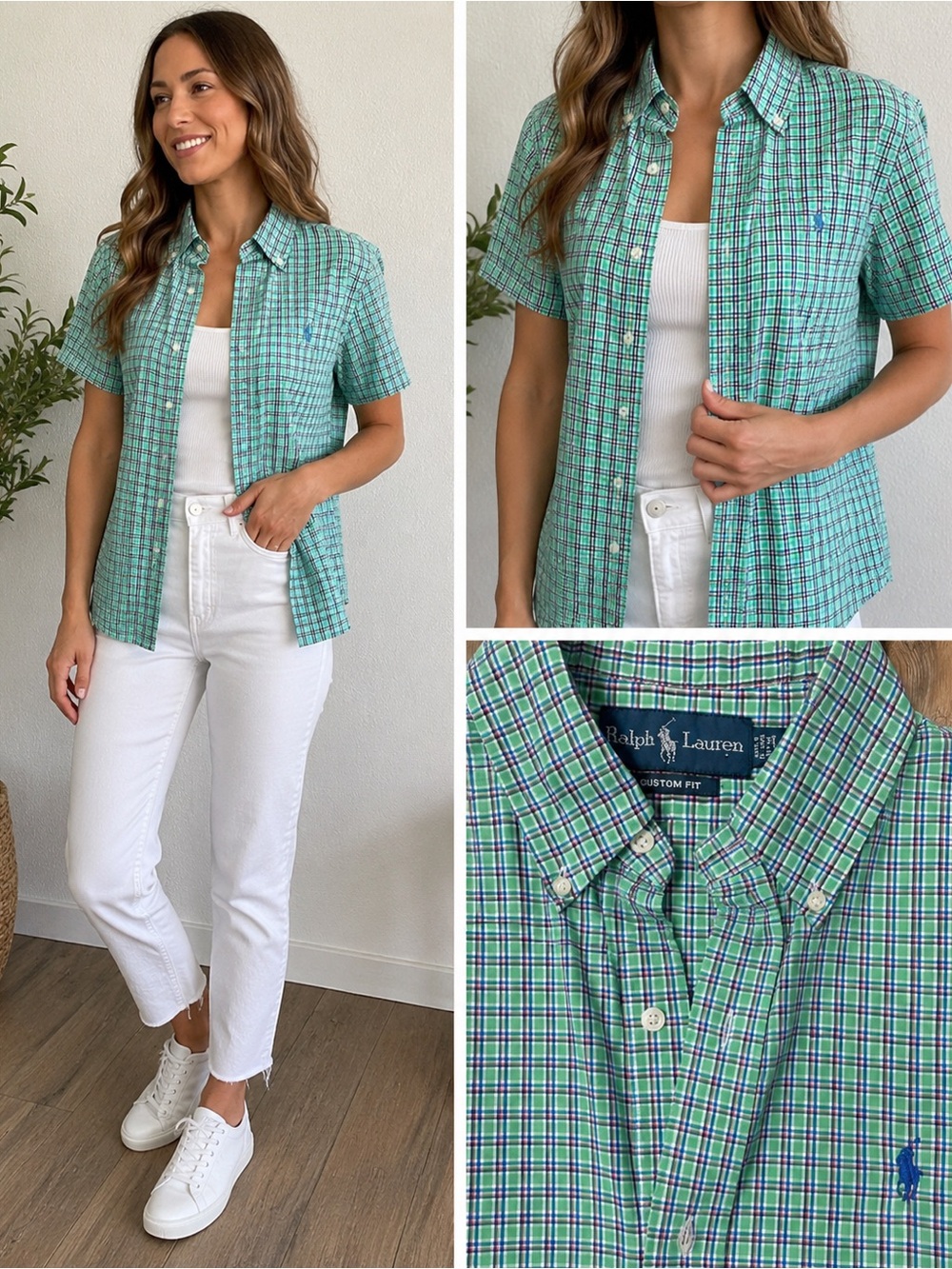 Ralph Lauren Plaid Cotton Button-Down Shirt XS Green Blue Preppy Classic